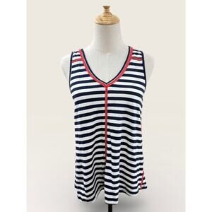 THML Navy Striped V Necked Tank with Coral Net Trim, Size M